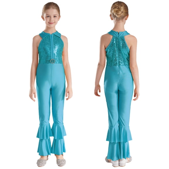 iiniim Girls Sequins Full Body Tank Unitard Catsuit Zipper Hippie Disco Dance Gymnastics Jumpsuit Playsuit Dancewear Size 6-14 Blue 14