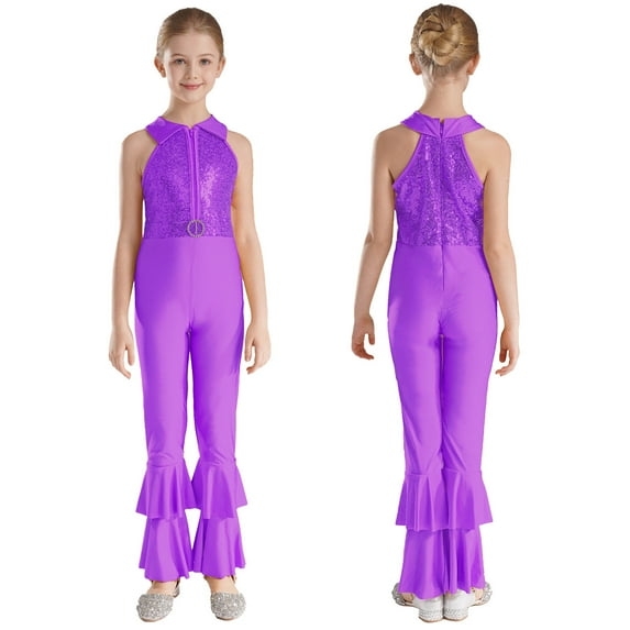iiniim Girls Sequins Full Body Tank Unitard Catsuit Zipper Hippie Disco Dance Gymnastics Jumpsuit Playsuit Dancewear Size 6-14 Purple 8