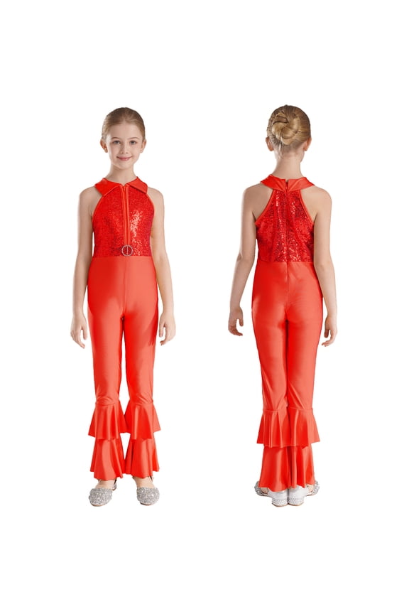 Girls Sequins Full Body Tank Unitard Catsuit Zipper Hippie Disco Dance Gymnastics Jumpsuit Playsuit Dancewear Size 6-14 Red 6