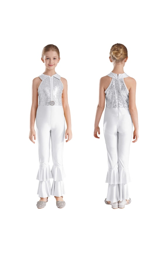 Girls Sequins Full Body Tank Unitard Catsuit Zipper Hippie Disco Dance Gymnastics Jumpsuit Playsuit Dancewear Size 6-14 Silver 10