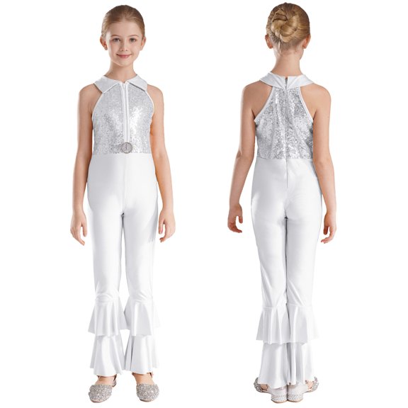 iiniim Girls Sequins Full Body Tank Unitard Catsuit Zipper Hippie Disco Dance Gymnastics Jumpsuit Playsuit Dancewear Size 6-14 Silver 14