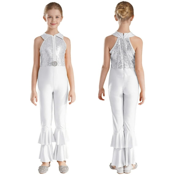 iiniim Girls Sequins Full Body Tank Unitard Catsuit Zipper Hippie Disco Dance Gymnastics Jumpsuit Playsuit Dancewear Size 6-14 Silver 8