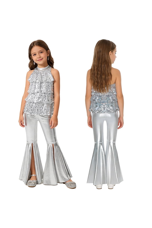 Girls Sequins Hip Hop Dance Outfit Stage Performance Clothes Sets for Hip-hop Carnival Streetwear Silver 6
