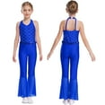 thumbnail image 1 of iiniim Girls Sequins Jumpsuit One Piece Fish Scale Performance Leotard Mermaid Mesh Halter Flared Leg Bodysuit Blue 14, 1 of 7