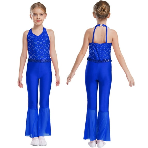 iiniim Girls Sequins Jumpsuit One Piece Fish Scale Performance Leotard Mermaid Mesh Halter Flared Leg Bodysuit Blue 16