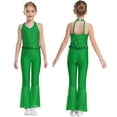 thumbnail image 1 of iiniim Girls Sequins Jumpsuit One Piece Fish Scale Performance Leotard Mermaid Mesh Halter Flared Leg Bodysuit Green 14, 1 of 7
