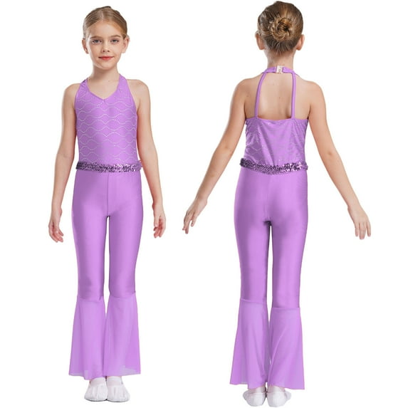 iiniim Girls Sequins Jumpsuit One Piece Fish Scale Performance Leotard Mermaid Mesh Halter Flared Leg Bodysuit Light Purple 12