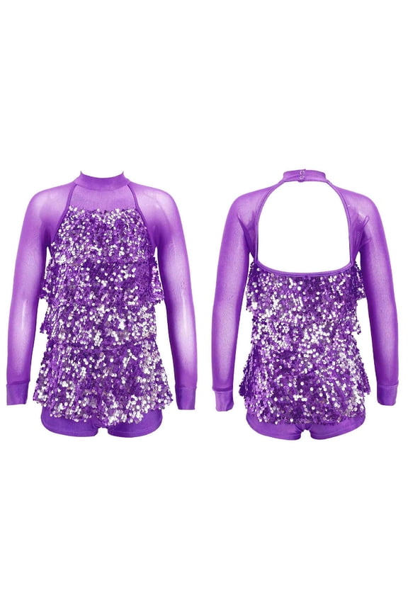 Girls Sequins Long Sleeve Latin Jazz Moden Dance Dress Kids Backless Ballet Unitard