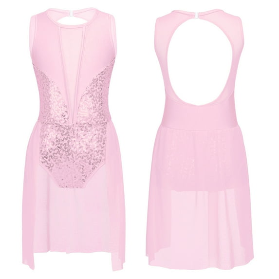 iiniim Girls Sequins Lyrical Modern Ballet Leotard Dress High-Low Mesh Splice Skirt Dancewear