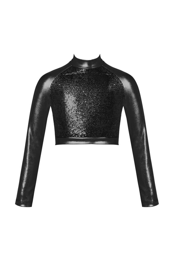 Girls Sequins Metallic Hip Hop Jazz Dance Crop Tops Long Sleeve Turtleneck Tank Tees Gymnastics Ballet Black 10