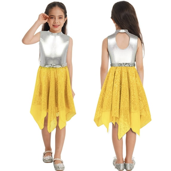 iiniim Girls Sequins Modern Ballet Lyrical Jazz Latin Dance Sleeveless Hollow Back Dress Costume Size 6-16 Yellow 8