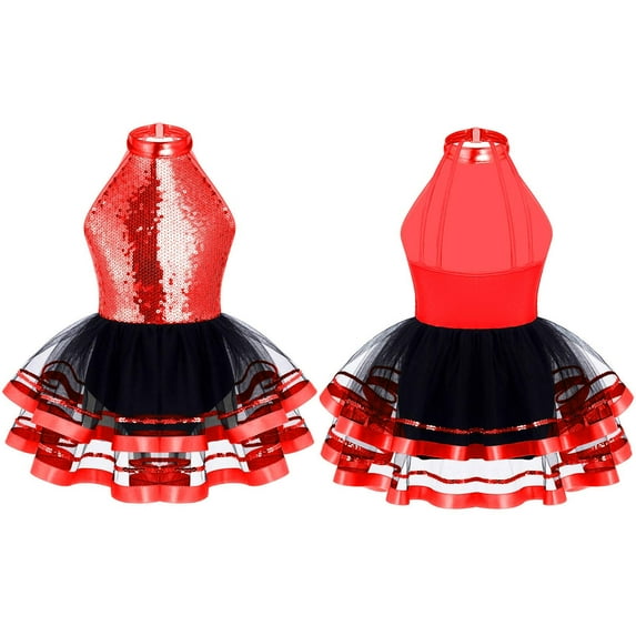 iiniim Kids Girls Shiny Sequins Dance Dress Figure Skating Sleeveless Halter Tutu Leotard Dancewear Red 10
