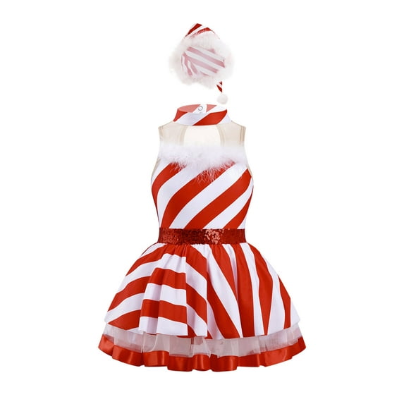 iiniim Girls Sequins Striped Sleeveless Figure Skating Tutu Dress for Christmas Party Dance Performance Red 8