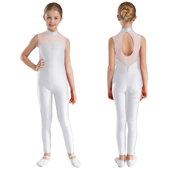 iiniim Girls Shiny Dance Unitards Sleeveless Gymnastic Leotard One-Piece Figure Skating Jumpsuit Bodysuit White 16