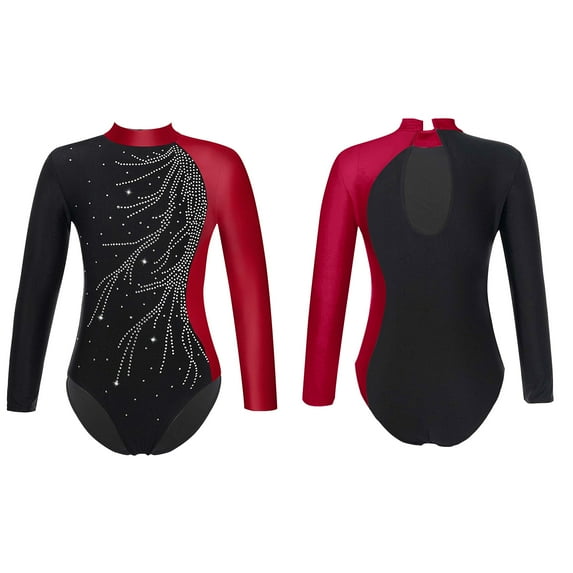 iiniim Girls Shiny Diamond Long Sleeve Leotard Figure Skating Ballet Dancewear Size 6-16 Burgundy 14