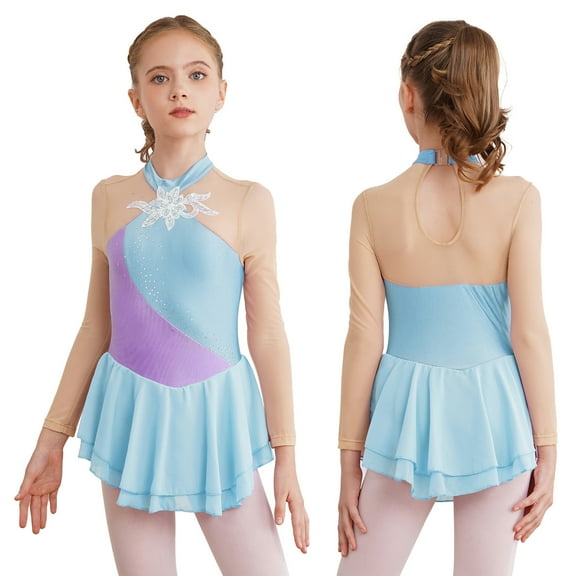 iiniim Girls Shiny Long Sleeve Lyrical Figure Ice Skating Dress Kids Mock Neck Mesh Ballet Gym Dancewear Size 6-16 A Light Blue 6