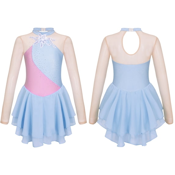 iiniim Girls Shiny Long Sleeve Lyrical Figure Ice Skating Dress Kids Mock Neck Mesh Ballet Gym Dancewear Size 6-16 Grey-blue 6