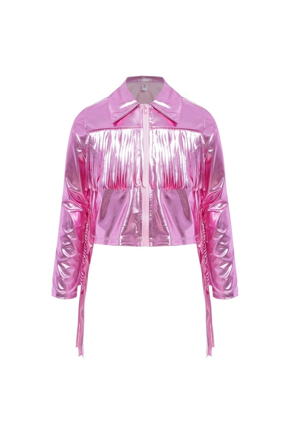 Girls Shiny Metallic Fringe Jacket Long Sleeve Sparkly Dance Tassel Jacket Coat Hip Hop Jazz Clothes Pink 6