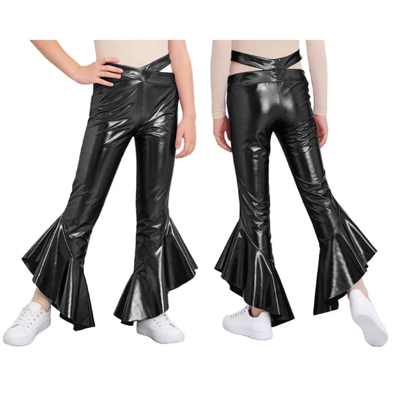 iiniim Girls Shiny Metallic Ruffle Flare Leggings Hip Hop Jazz Disco Dance Pants Performance Bell Bottoms Trousers Black 6