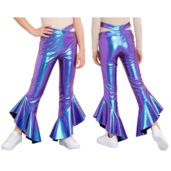 iiniim Girls Shiny Metallic Ruffle Flare Leggings Hip Hop Jazz Disco Dance Pants Performance Bell Bottoms Trousers Blue 6