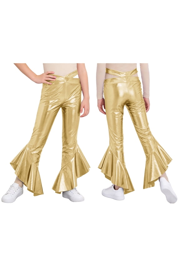 Girls Shiny Metallic Ruffle Flare Leggings Hip Hop Jazz Disco Dance Pants Performance Bell Bottoms Trousers Gold 16