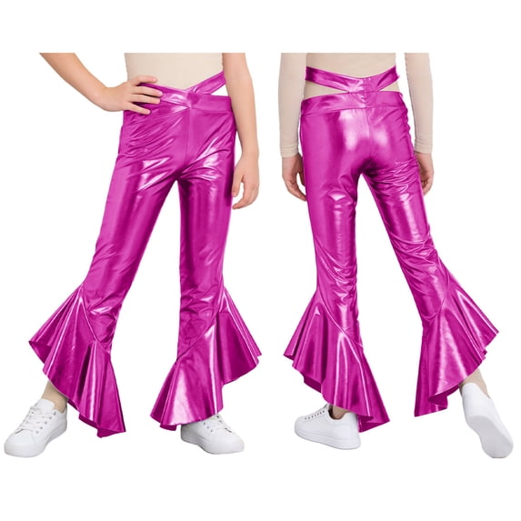 iiniim Girls Shiny Metallic Ruffle Flare Leggings Hip Hop Jazz Disco Dance Pants Performance Bell Bottoms Trousers Hot Pink 6