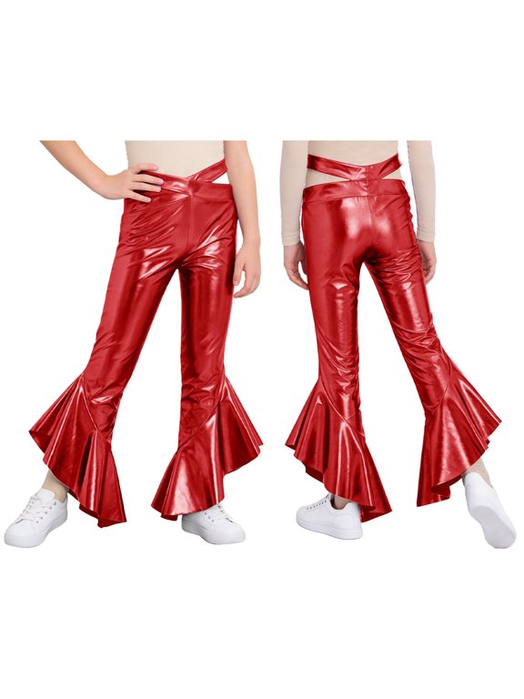 Girls Shiny Metallic Ruffle Flare Leggings Hip Hop Jazz Disco Dance Pants Performance Bell Bottoms Trousers Red 10
