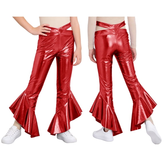 iiniim Girls Shiny Metallic Ruffle Flare Leggings Hip Hop Jazz Disco Dance Pants Performance Bell Bottoms Trousers Red 16