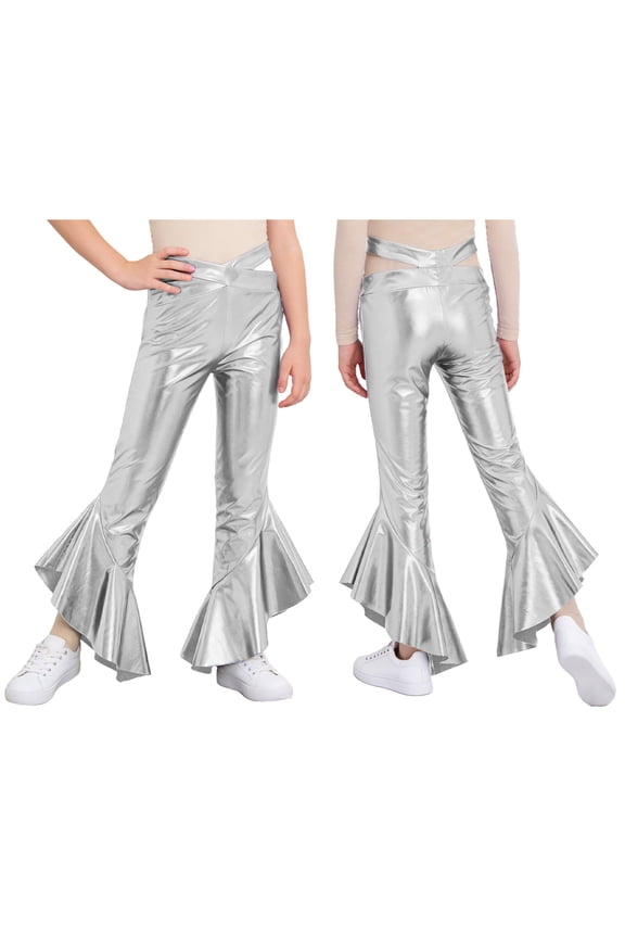 Girls Shiny Metallic Ruffle Flare Leggings Hip Hop Jazz Disco Dance Pants Performance Bell Bottoms Trousers Silver 6