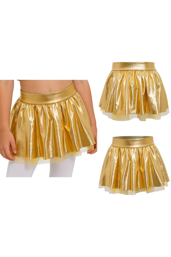 Girls Shiny Metallic Tutu Skirt Hip Hop Jazz Ballet Dance A Line Mini Skorts For Stage Performance Gold 6