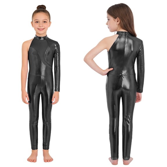 iiniim Girls Shiny Metallic Unitard One Shoulder Long Sleeve One Piece Bodysuit Performance Dancewear Black 8
