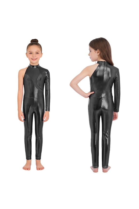Girls Shiny Metallic Unitard One Shoulder Long Sleeve One Piece Bodysuit Performance Dancewear Black 8