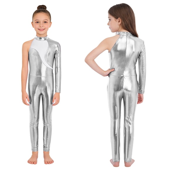 iiniim Girls Shiny Metallic Unitard One Shoulder Long Sleeve One Piece Bodysuit Performance Dancewear Silver 16
