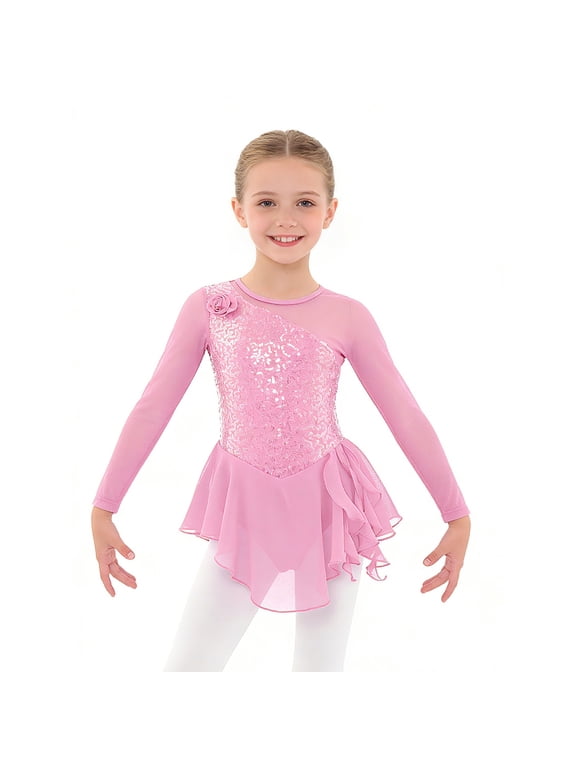 Girls Sequins Figure Ice Skating Dress Hollow Back Mesh Leotard Wrap Skirt Ballet Dancewear Pink 8