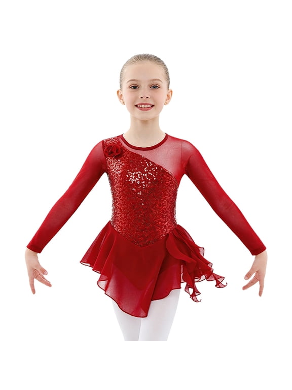 Girls Shiny Mock Neck Mesh Spliced Figure Ice Skating Dress Competition Dance