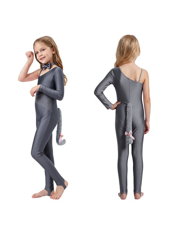 Girls Shiny Rhinestones Jumpsuit with Tail Cat Unitard for Dance Dancewear Animal Role Play Grey 6