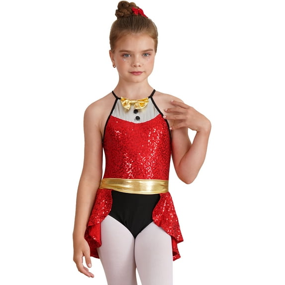 iiniim Girls Shiny Sequin Ice Skating Tuxedo Leotard Dress Jazz Tap Dance Performance Costume Size 6-16 A Red 10