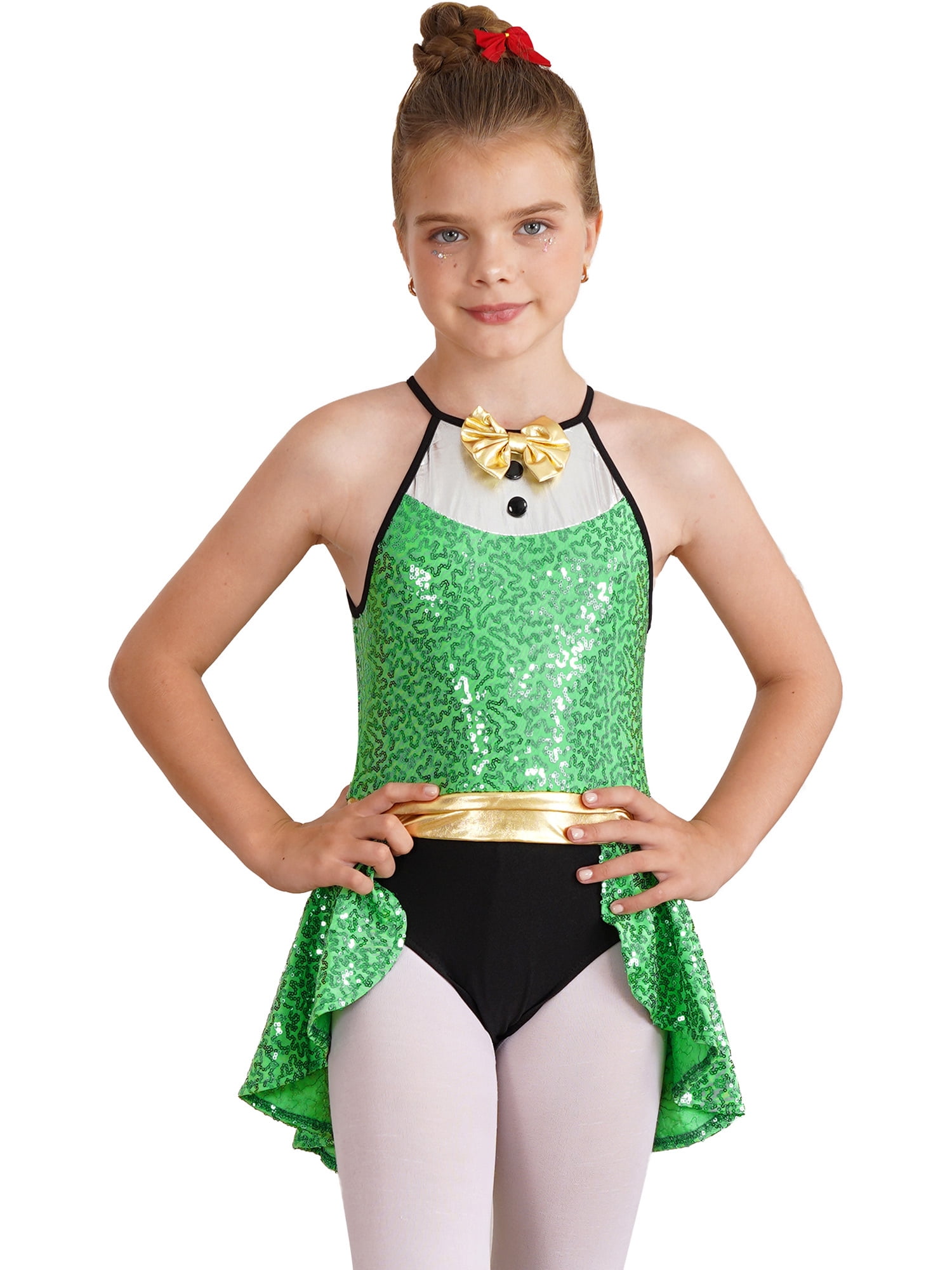 iiniim Girls Shiny Sequin Ice Skating Tuxedo Leotard Dress Jazz Tap Dance  Performance Costume Size 6-16 Green 12 