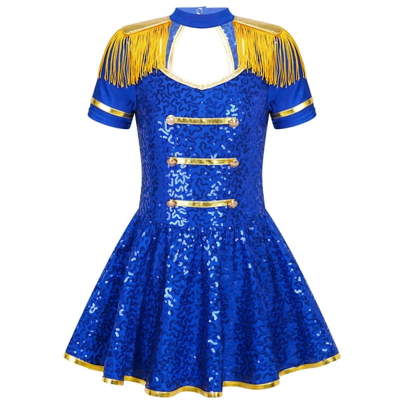 iiniim Girls Shiny Sequins Marching Band Uniform Leotard Dress for Party Performance A Royal Blue 16