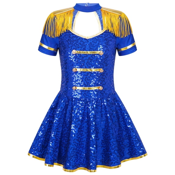 iiniim Girls Shiny Sequins Marching Band Uniform Leotard Dress for Party Performance A Royal Blue 8