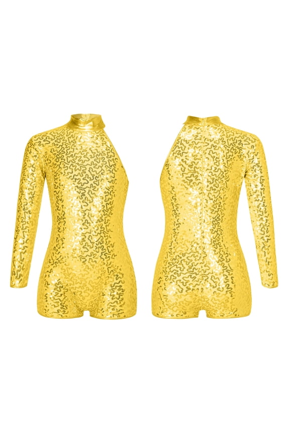 Girls Shiny Sequins Oblique Shoulder Gymnastics Leotard Shorts Biketard Bodysuit Jumpsuit Size 6-16 Gold 6