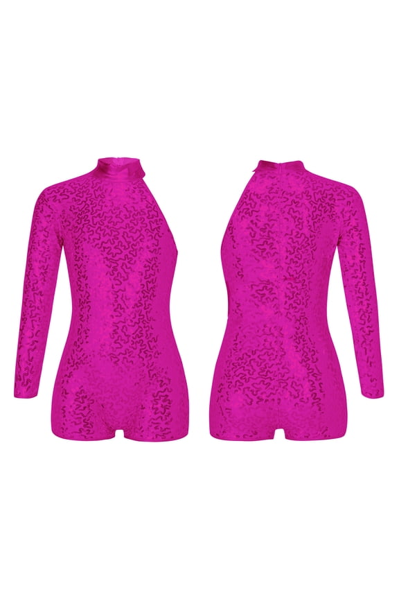 Girls Shiny Sequins Oblique Shoulder Gymnastics Leotard Shorts Biketard Bodysuit Jumpsuit Size 6-16 Hot Pink 6