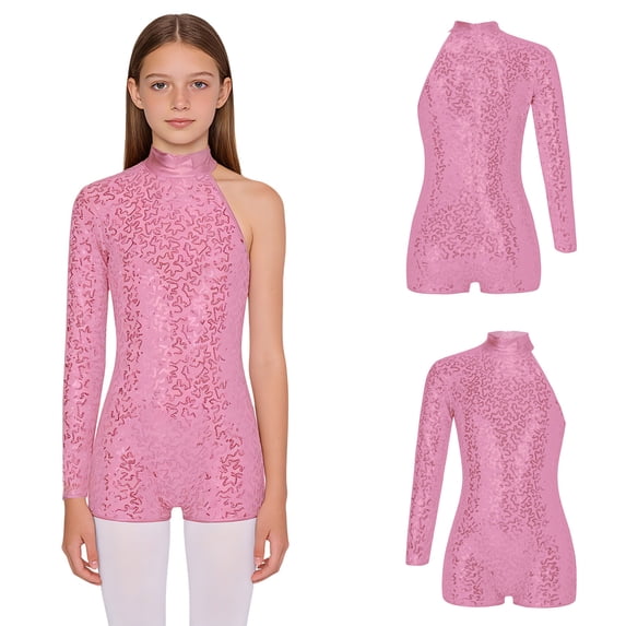 iiniim Girls Shiny Sequins Oblique Shoulder Gymnastics Leotard Shorts Biketard Bodysuit Jumpsuit Size 6-16 Pink 6