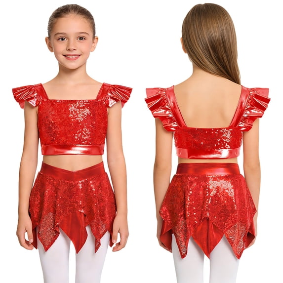 iiniim Girls Shiny Skirt And Top Set Ballroom Dancewear 2 Piece Dance Outfit for Cha-cha Performance Red 14