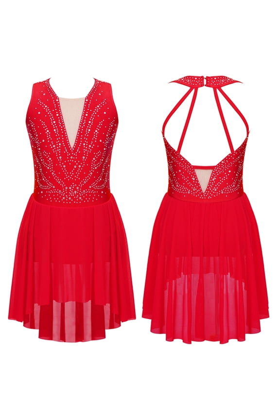 Girls Sleeveless Gymnastics Leotard Dress Lyrical Modern Dance Competition Figure Skating Red 6