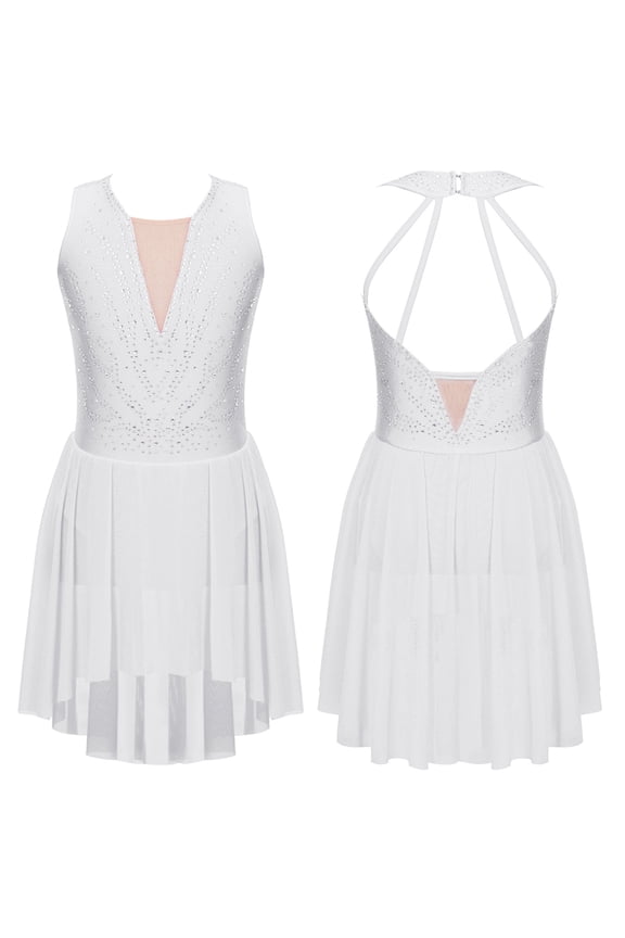 Girls Sleeveless Gymnastics Leotard Dress Lyrical Modern Dance Competition Figure Skating White 16