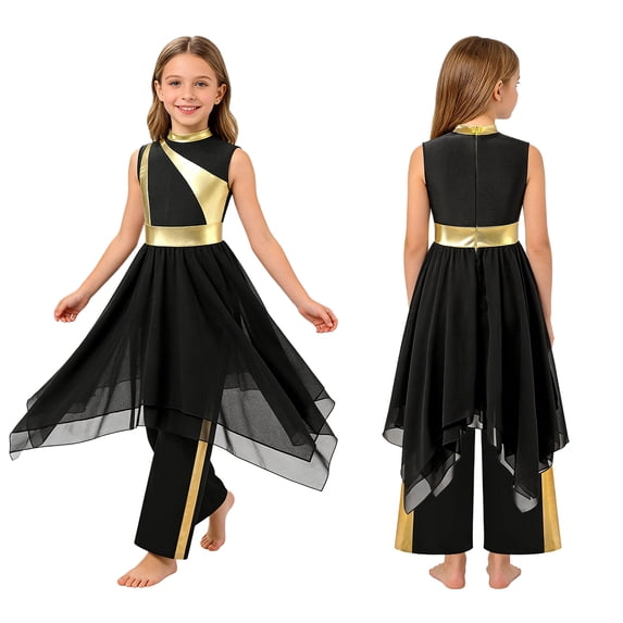 iiniim Girls Sleeveless Praise Dance Dress Metallic Gold Overlay Liturgical Worship Tunic with Wide Leg Pants Set Black 10