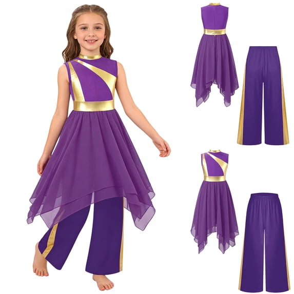 iiniim Girls Sleeveless Praise Dance Dress Metallic Gold Overlay Liturgical Worship Tunic with Wide Leg Pants Set Purple 6