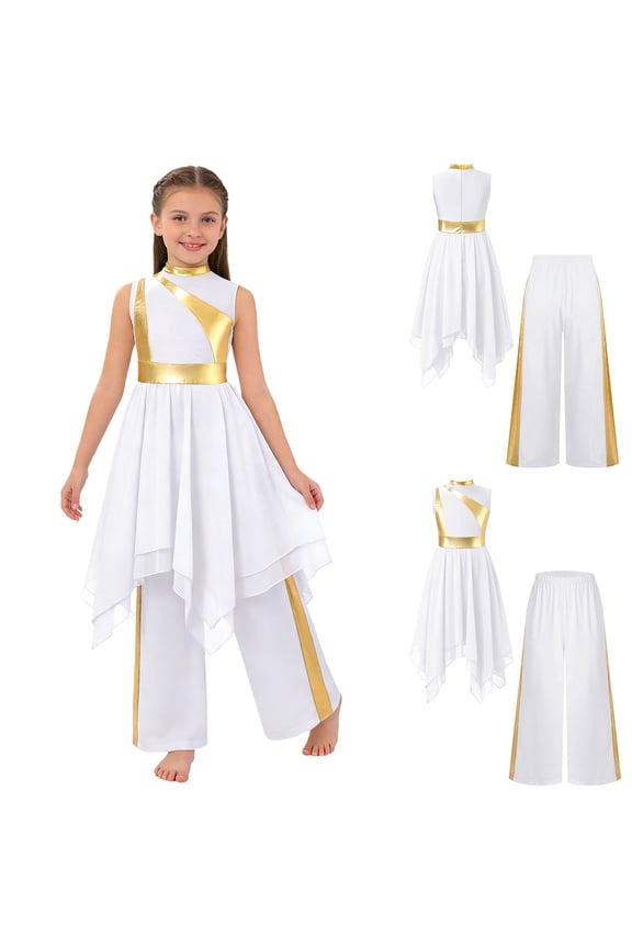 Girls Sleeveless Praise Dance Dress Metallic Gold Overlay Liturgical Worship Tunic with Wide Leg Pants Set White 8