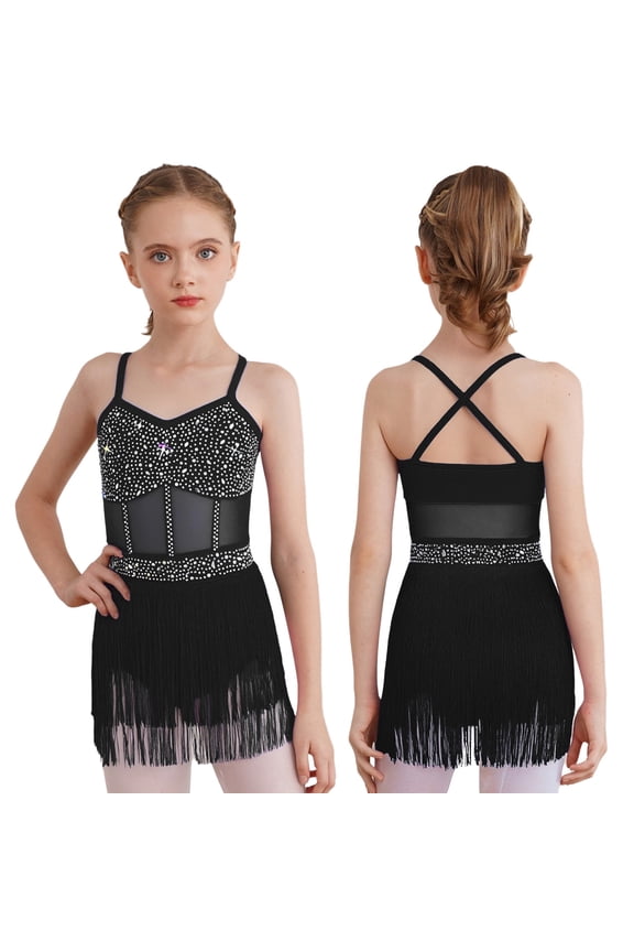 Girls Sparkly Rhinestone Tassel Dress Latin Jazz Ballroom Salsa Dance Leotard Fringe Skirted Black 6